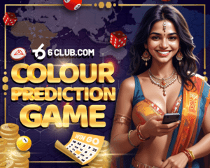 6Club Colour Prediction Game with Indian woman holding smartphone, dice, and coins.